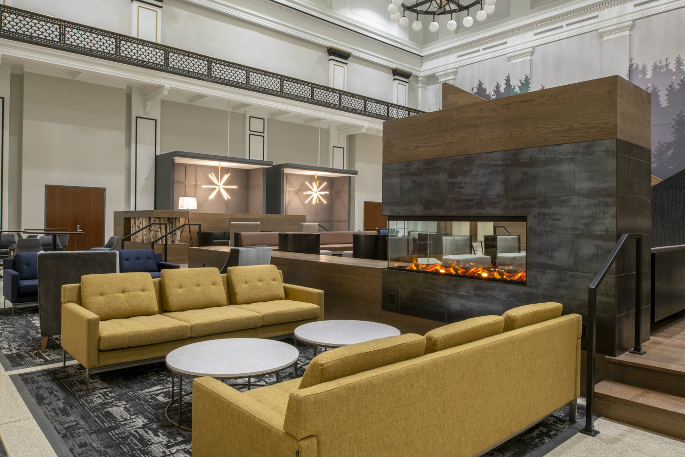 Great Hall lounge seating by the fireplace
